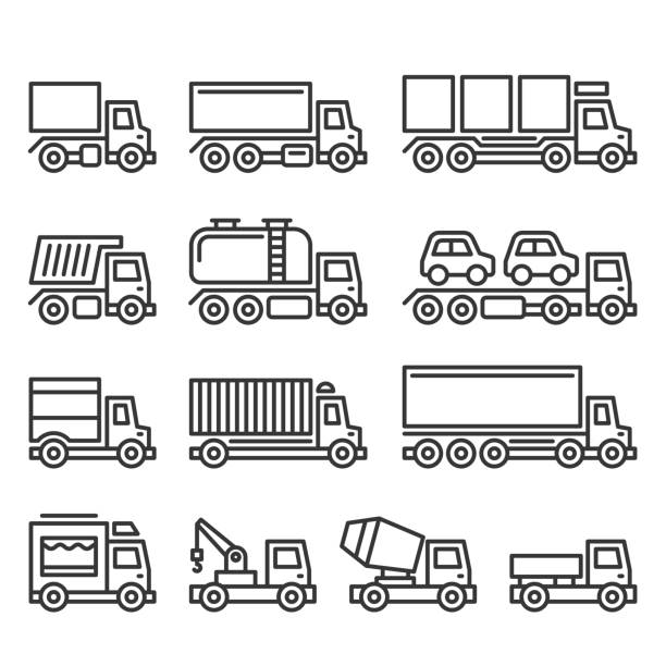 illustrazioni stock, clip art, cartoni animati e icone di tendenza di icone commerciali di furgoni e camion impostate su sfondo bianco. vettore stile linea - camion