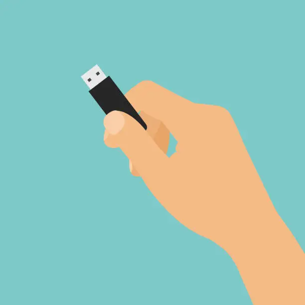 Vector illustration of Flat design cartoon illustration of hand holding USB flash drive - vector