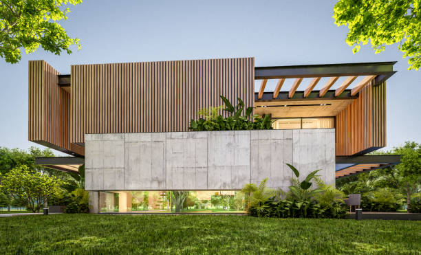 istock 3d rendering of modern house with wood plank facade in evening 1224388617