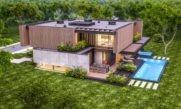 istock 3d rendering of modern house with wood plank facade in evening 1224388728