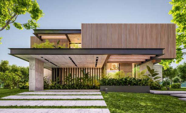 istock 3d rendering of modern house with wood plank facade in evening 1224388759