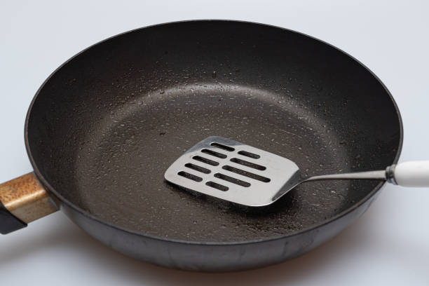 istock Old oily frying pan and utility turner 1224390047