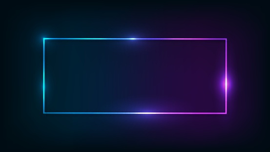 Neon rectangular frame with shining effects on dark background. Empty glowing techno backdrop. Vector illustration.