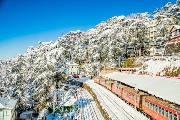 After Snowfall Kalka Shimla railway is a Beautiful place in india The Kalka Shimla railway is a in narrow-gauge railway in North India which traverses a mostly-mountainous route from Kalka to Shimla. It is known for dramatic views of the hills and surrounding villages. shimla stock pictures, royalty-free photos & images