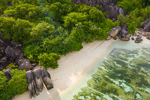 aerial view seychelles tropical island white sandy beach lagoon no people