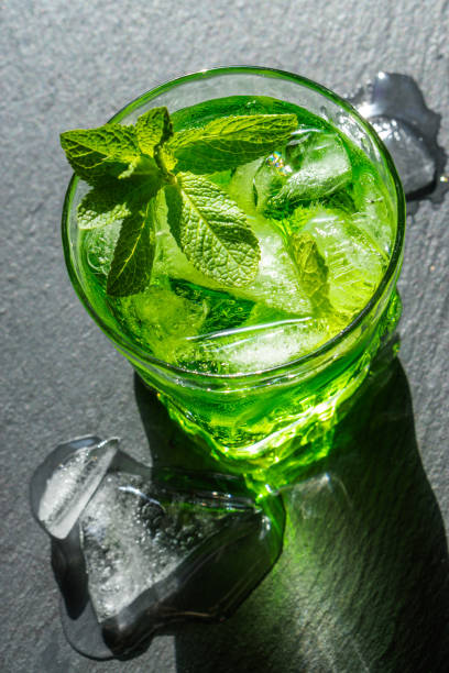 istock Delicious drink witn ice and mint on a black stone background. 1224396450