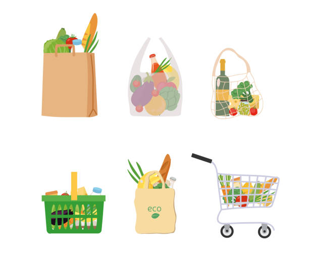 frische lebensmittel in verschiedenen taschen und körben - shopping bag illustrations stock-grafiken, -clipart, -cartoons und -symbole