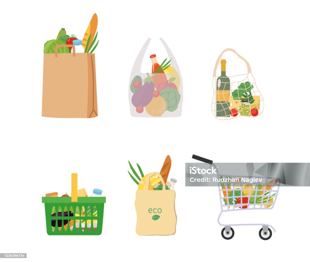 Fresh groceries in assorted bags and baskets Fresh groceries in assorted bags and baskets with brown paper packet, shopping cart, mesh , reusable and eco friendly bags isolated on white, colored vector illustration Supermarket stock vector