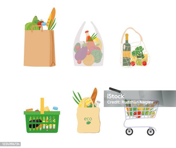 Fresh Groceries In Assorted Bags And Baskets Stock Illustration - Download Image Now - Supermarket, Groceries, Shopping Bag