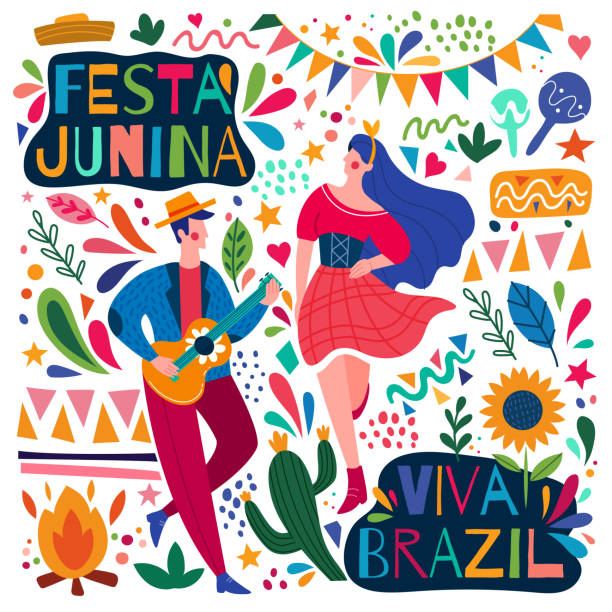 illustrazioni stock, clip art, cartoni animati e icone di tendenza di felice colorato festa junina viva brasile poster - tradizione