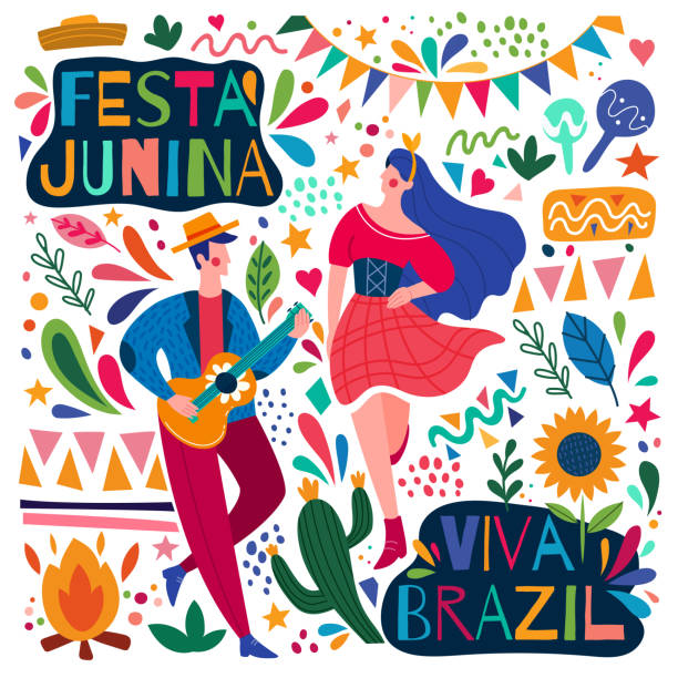Happy colorful Festa Junina Viva Brazil poster Happy colorful Festa Junina Viva Brazil poster design with a young man playing guitar and woman dancing surrounded by colorful icons, colored vector illustration latin american and hispanic culture illustrations stock illustrations