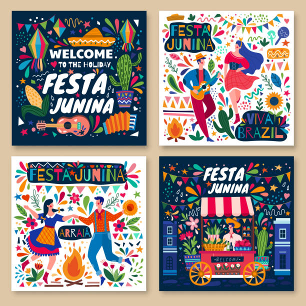 Set of four colorful Festa Junina poster designs Set of four different colorful Festa Junina holiday poster designs with text, dancing couples and street vendor against a bright background pattern, colored vector illustration festa junina stock illustrations