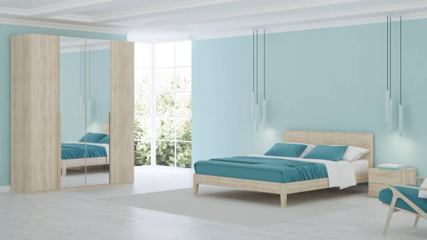 istock Modern bedroom interior with blue walls. 3D rendering. 1224397256