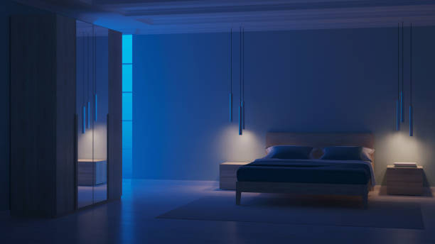 istock Modern bedroom interior with blue walls. Night. Evening lighting. 3D rendering. 1224397282