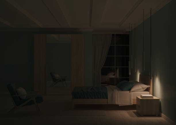 istock Modern bedroom interior with blue walls. Night. Evening lighting. 3D rendering. 1224397382