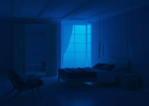 istock Modern bedroom interior with blue walls. Night. Evening lighting. 3D rendering. 1224397413