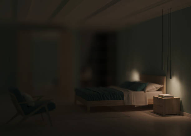 istock Modern bedroom interior with blue walls. Night. Evening lighting. 3D rendering. 1224398101