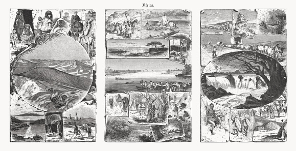Impressions of Africa from the 19th century. Left side, Northern Africa: 1) Algerian Sahara dunes; 2) Dancers in the Sahara; 3) Bedouin woman; 4) Egyptian camel driver; 5) Bedouin; 6) Landscape near the first Nile cataract; 7) Artesian fountain; 8) Tuaregs. Center, Central Africa: 1) Crossing over the Gambaru river; 2) Slave transport; 3) Shoa hut; 4) At the Lake Chad; 5) At the Niger River; 6) People at the Upper Niger River; 7) Zande village; 8) Gold panning at the Niger River; 9) River crossing; 10) Papyrus plants. Right side, Southern Africa: 1) Transportation of goods; 2) Quingolo, village in Benguela (Angola); 3) Journey in the steppe; 4) Ox team at the Limpopo River; 5) Ngonye/Sioma falls (Zambezi River, Zambia); 6) Khoekhoe (southwestern Africa); 7) Zulu warrior; 8) Boers (South African farmers); 9) Zulu huts. Wood engravings after drawings by Albert Richter (German painter, 1845 - 1898), published in 1893.