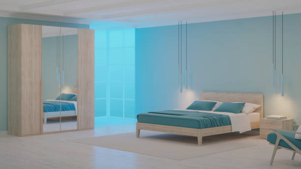 istock Modern bedroom interior with blue walls. Night. Evening lighting. 3D rendering. 1224398267