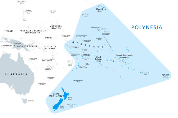 Polynesia, subregion of Oceania, political map Polynesia, subregion of Oceania, political map.  A region, made up of more than 1000 islands scattered over the central and southern Pacific Ocean. English. Illustration on white background. Vector. easter island map stock illustrations