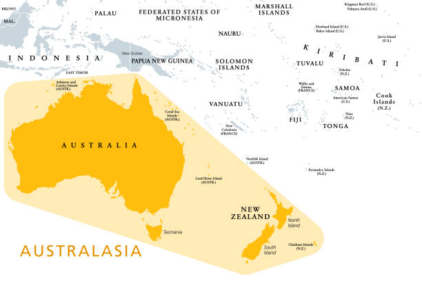 ilustrações, clipart, desenhos animados e ícones de australasia, austrália e nova zelândia, sub-região da oceania, mapa político - lord howe island