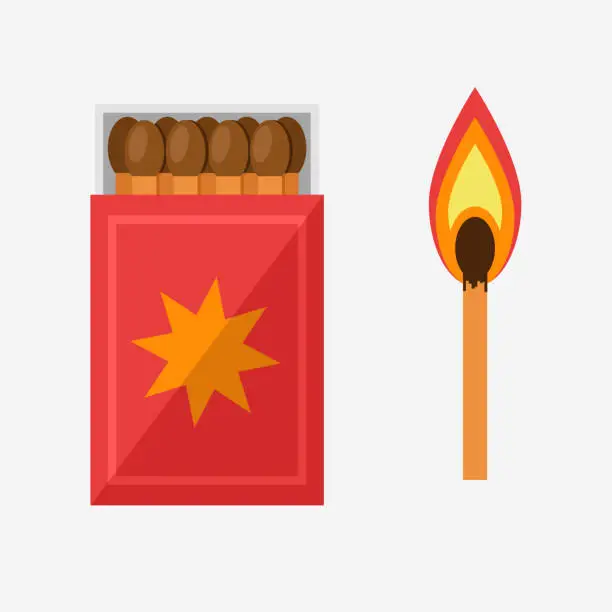 Vector illustration of Cartoon matches flat vector illustration. Box of matches and burning match.