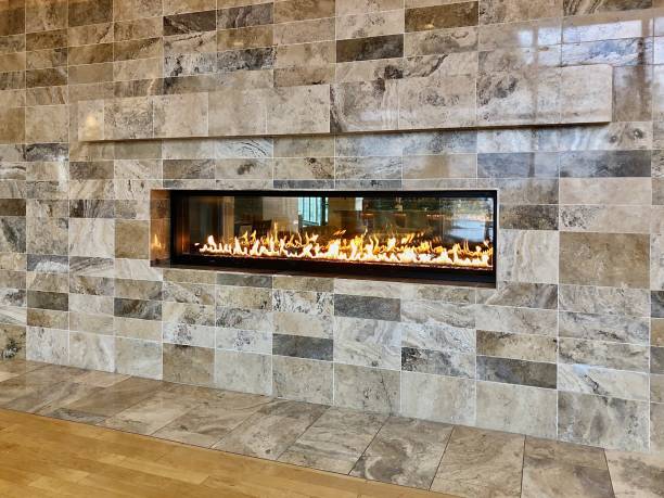 modern gas fireplace - architectural feature fireplace home interior showcase interior imagens e fotografias de stock