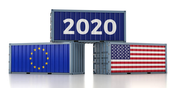 年 2020 - 米国と欧州連合のフラグを持つ貨物コンテナ。3d レンダリング - usa european union flag trading europe ストックフォトと画像