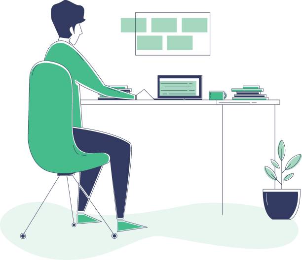Male video editor working from home Illustration of a male video editor hard at work in his home office. writing email stock illustrations