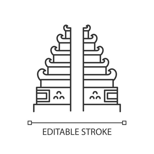 ikona liniowa świątyni pura lempuyang. indonezyjskich miejsc kultu religijnego. hinduistyczne candi bentar split wejście bramy. cienka ilustracja linii. symbol konturu. wektor izolowany rysunek konturu. edytowalny obrys - candi stock illustrations