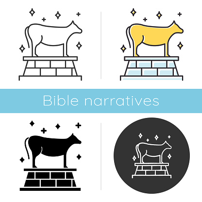 Golden Calf Bible story icon. Animal idol, bull representation. Religious legend. Christian religion. Exodus Biblical narrative. Glyph, chalk, linear and color styles. Isolated vector illustrations