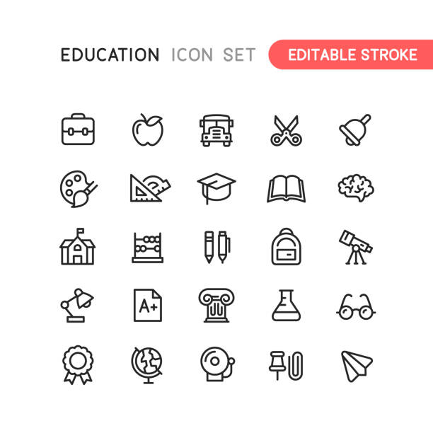 stockillustraties, clipart, cartoons en iconen met pictogrammen bewerkbaar onderwijsoverzichtslijn - school