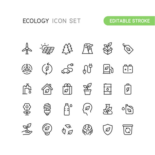 outline nature ecology icons editable stroke - solar stock-grafiken, -clipart, -cartoons und -symbole