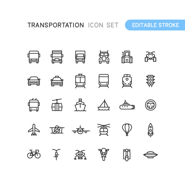 illustrazioni stock, clip art, cartoni animati e icone di tendenza di icone del contorno del trasporto stoke modificabile - automobile immagine