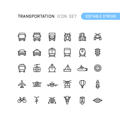Set of transportation outline vector icons. Easy editable stroke.