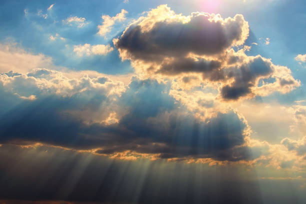 istock Astonishing blue sky with colorful white clouds. Abstract sun beam line light shining through the clouds. Sunbeam through the clouds on beautiful sky. Ukraine 1224407407
