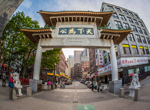 BOSTON, USA - APRIL 10, 2017: The mix of historic and contemporary architecture of Boston in Massachusetts, USA showcasing the Chinatown neighborhood of the city.
