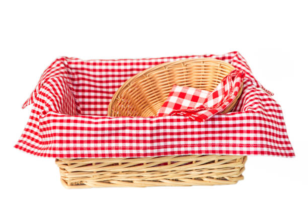 istock Wicker basket with a red cotton napkin inside and a small wicker basket isolated on white background 1224410397