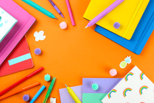 istock Set of colorful school supplies over bright gradient background. 1224410406