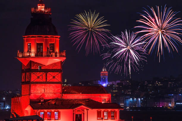istock Maiden's Tower and Galata Tower at Night with Fireworks 1224410586