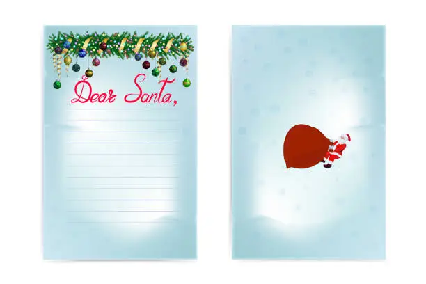 Vector illustration of Christmas wish list. Front and back side. Inscription: Dear Santa. Images of a Christmas garland and Santa Claus carrying a large bag of gifts. Vector illustration in cartoon style.