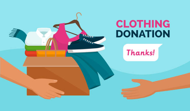Clothing donation for charity Volunteer holding a donation box with clothes, awareness and charity concept donation box stock illustrations