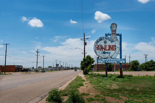 Amarillo, Texas, USA - July 8, 2014: The billboard for the Eastridge bowling lanes, along the historic route 66, in Amarillo, Texas USA.