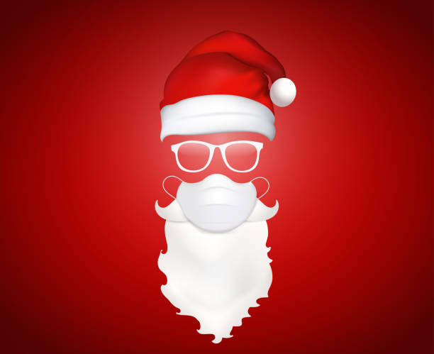 3d ilustracja santa claus twarz z maską medyczną - kapelusz - okulary - broda i wąsy. boże narodzenie santa elementy projektu. ikony świąteczne. nowy rok - santa claus christmas glasses mustache stock illustrations