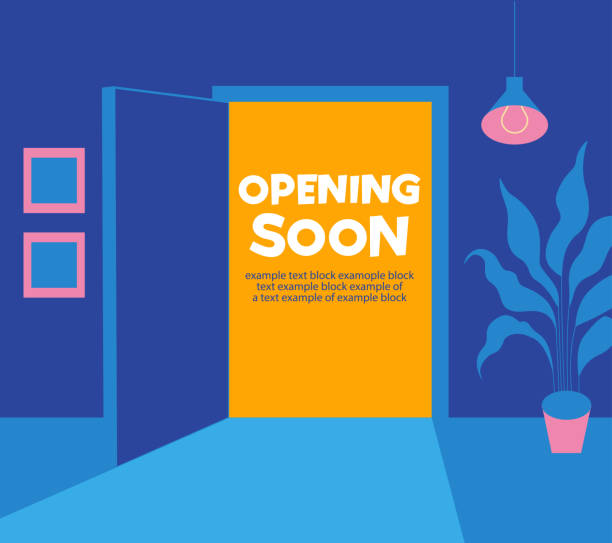 Opening soon. An open door from the room to the outside. The end of self-isolation. Opening soon. An open door from the room to the outside. The end of self-isolation. opening stock illustrations