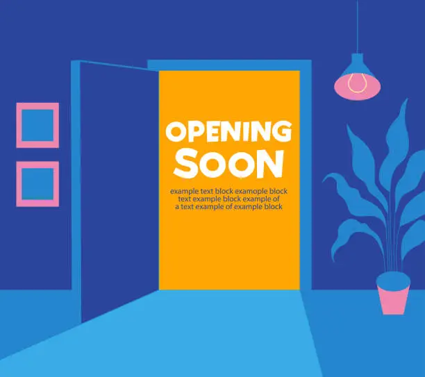 Vector illustration of Opening soon. An open door from the room to the outside. The end of self-isolation.