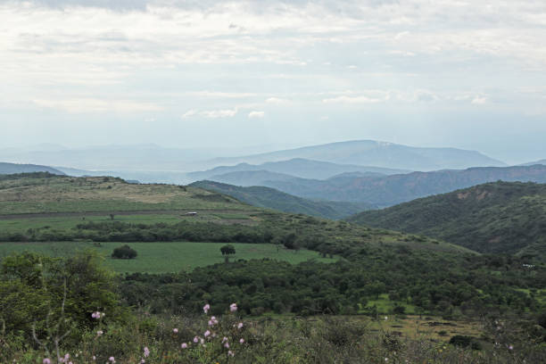 istock view over agricultural land to misty mountains 1224417211