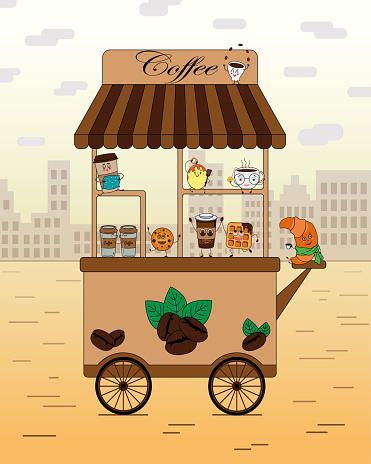 Vector illustration shows a coffee cart. On the cart funny characters. This is a croissant, cups of coffee, a cup, a waffle and cookies. They are funny because they have faces that different emotions.
