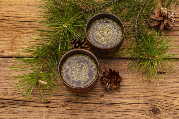 ine needle tea, sollip-cha, traditional Korean beverage. Alternative medicine Pine needle tea, sollip-cha, traditional Korean beverage. Alternative medicine, healthy life style. Vintage wooden boards background pine needle tea stock pictures, royalty-free photos & images