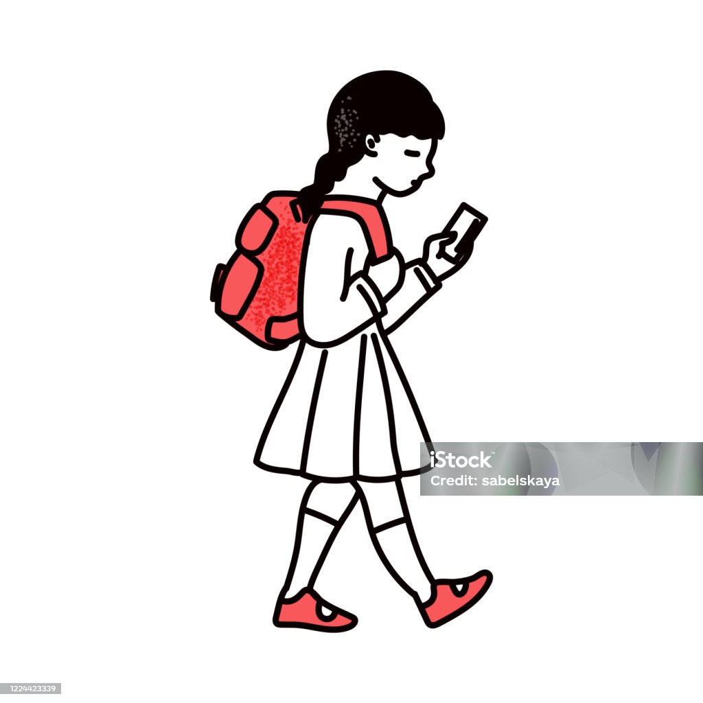 Child School Girl Walking With Smartphone Cartoon Vector Illustration  Isolated Stock Illustration - Download Image Now - iStock